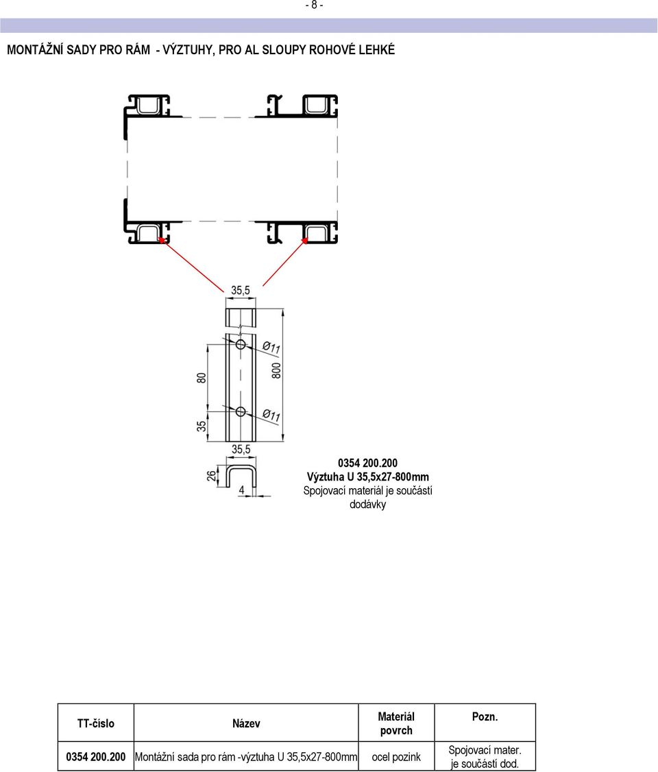 TT-číslo Název Materiál povrch 0354 200.
