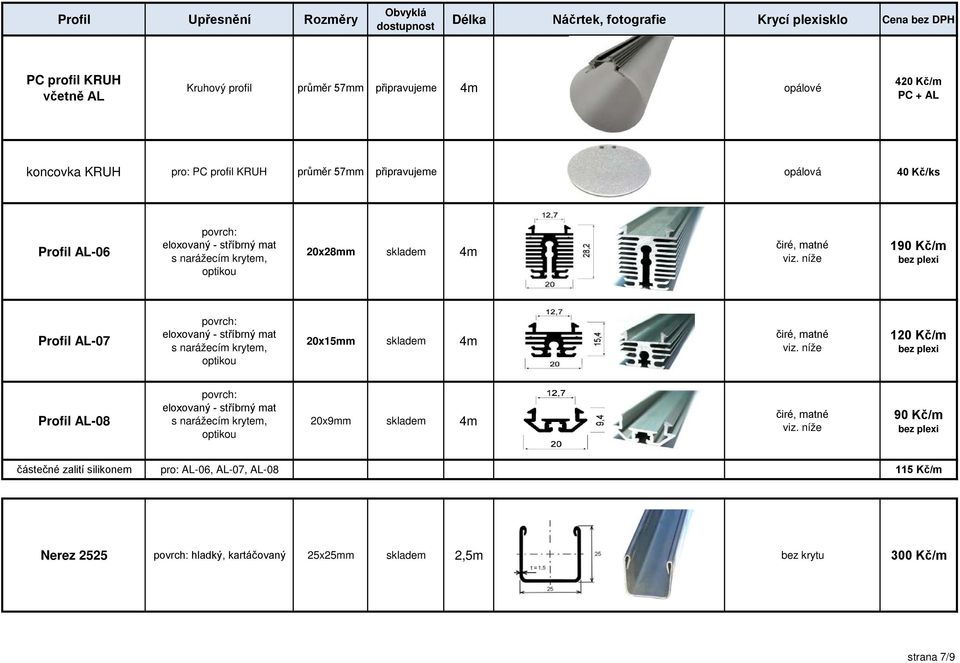 níže 190 Kč/m bez plexi Profil AL-07 eloxovaný - s narážecím krytem, optikou 20x15mm skladem 4m, matné viz.