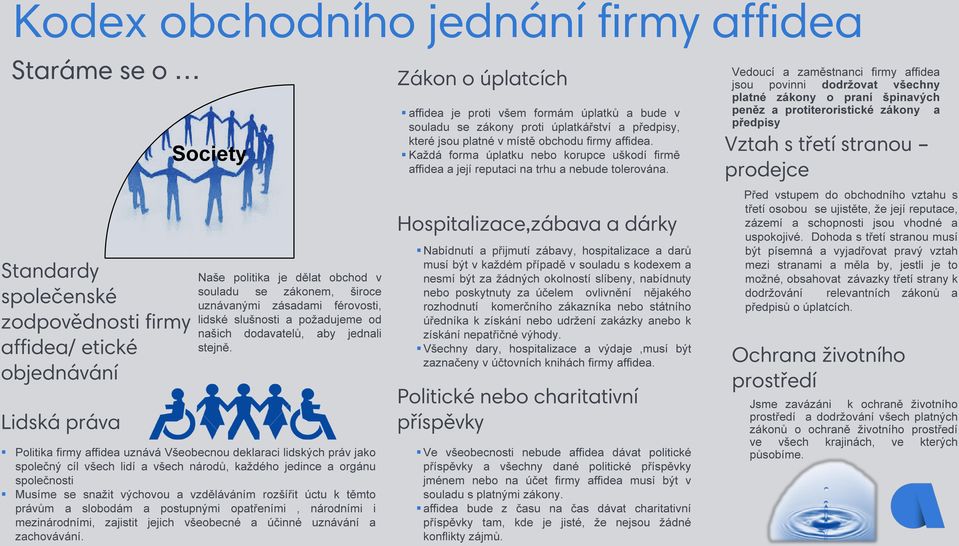 Každá forma úplatku nebo korupce uškodí firmě affidea a její reputaci na trhu a nebude tolerována.