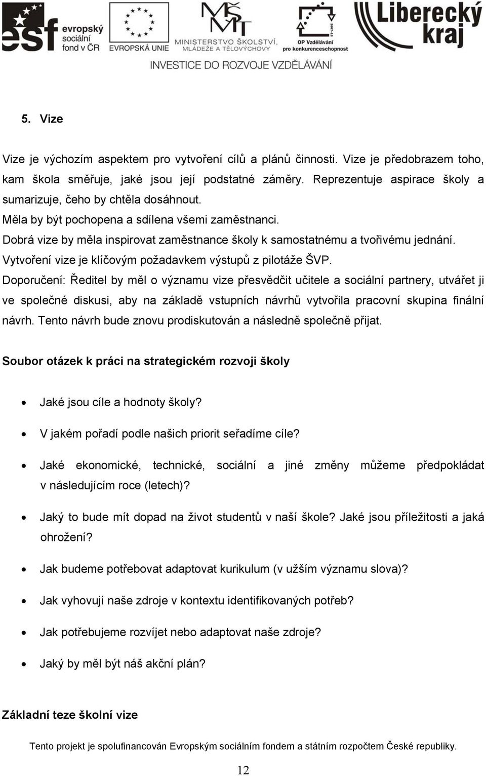 Dobrá vize by měla inspirovat zaměstnance školy k samostatnému a tvořivému jednání. Vytvoření vize je klíčovým požadavkem výstupů z pilotáže ŠVP.