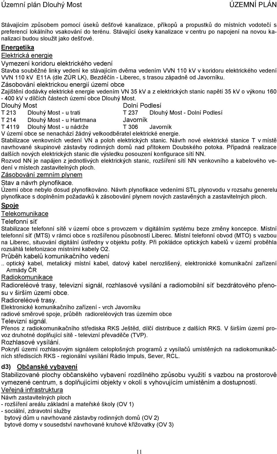 Energetika Elektrická energie Vymezení koridoru elektrického vedení Stavba souběžné linky vedení ke stávajícím dvěma vedením VVN 110 kv v koridoru elektrického vedení VVN 110 kv E11A (dle ZÚR LK),