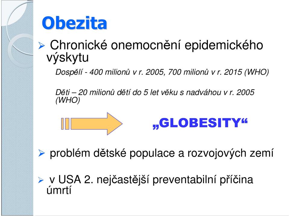 2015 (WHO) Děti 20 milionů dětí do 5 let věku s nadváhou v r.