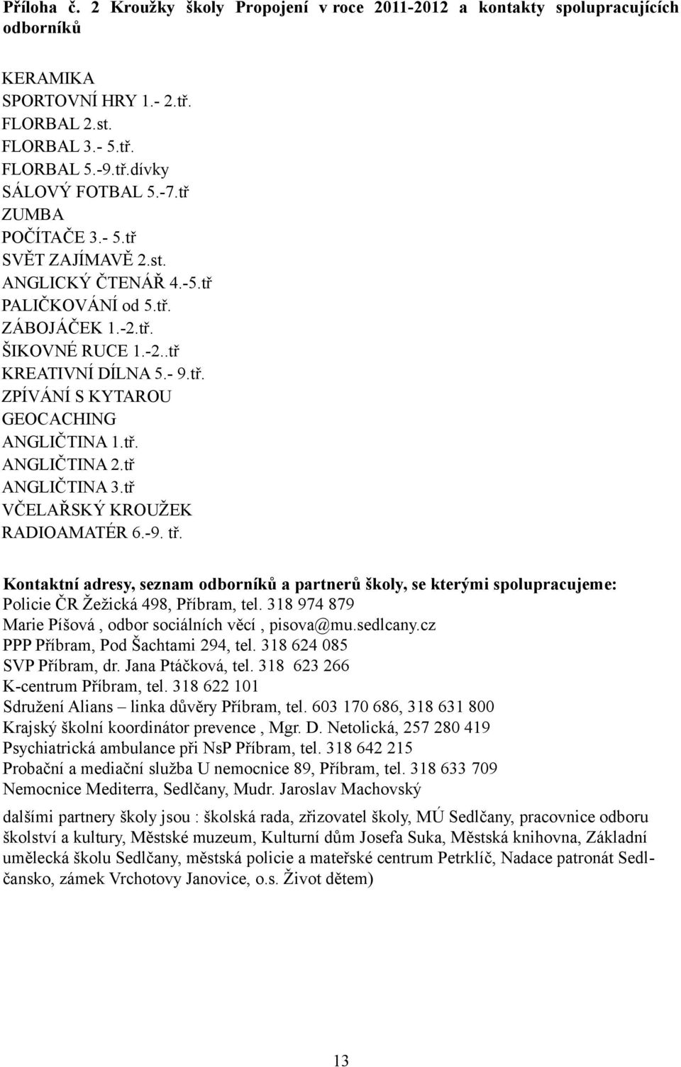 tř. ANGLIČTINA 2.tř ANGLIČTINA 3.tř VČELAŘSKÝ KROUŽEK RADIOAMATÉR 6.-9. tř. Kontaktní adresy, seznam odborníků a partnerů školy, se kterými spolupracujeme: Policie ČR Žežická 498, Příbram, tel.