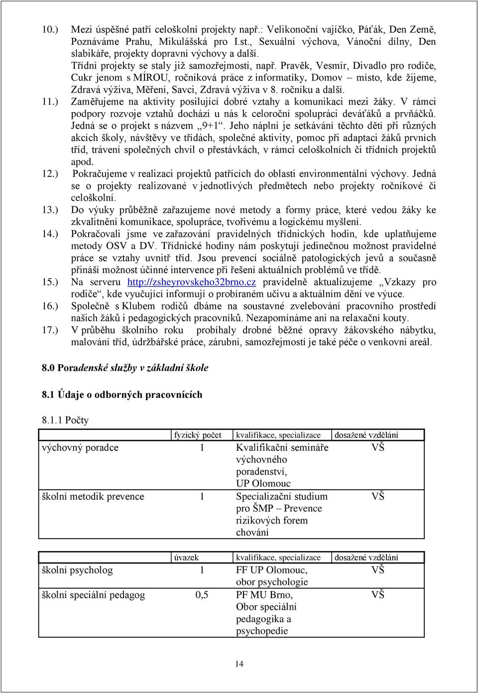 Pravěk, Vesmír, Divadlo pro rodiče, Cukr jenom s MÍROU, ročníková práce z informatiky, Domov místo, kde žijeme, Zdravá výživa, Měření, Savci, Zdravá výživa v 8. ročníku a další. 11.