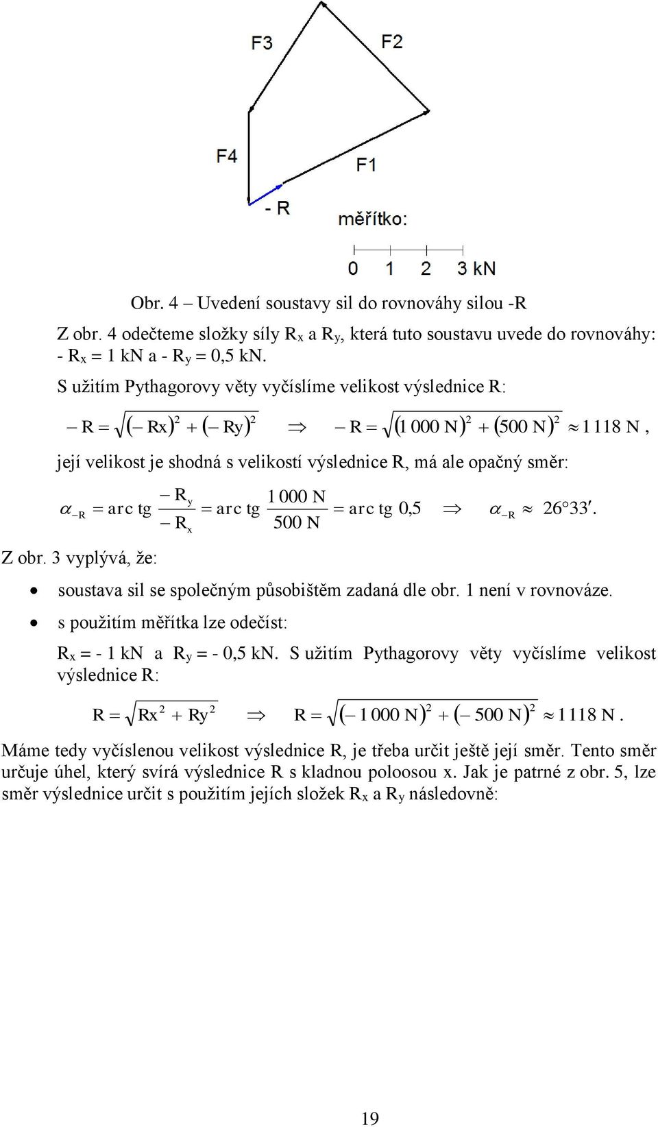 3 vyplývá, že: R y R x 000 N arc tg 500 N arc tg 0,5 R 633. soustava sil se společným působištěm zadaná dle obr. není v rovnováze. s použitím měřítka lze odečíst: Rx = - kn a Ry = - 0,5 kn.