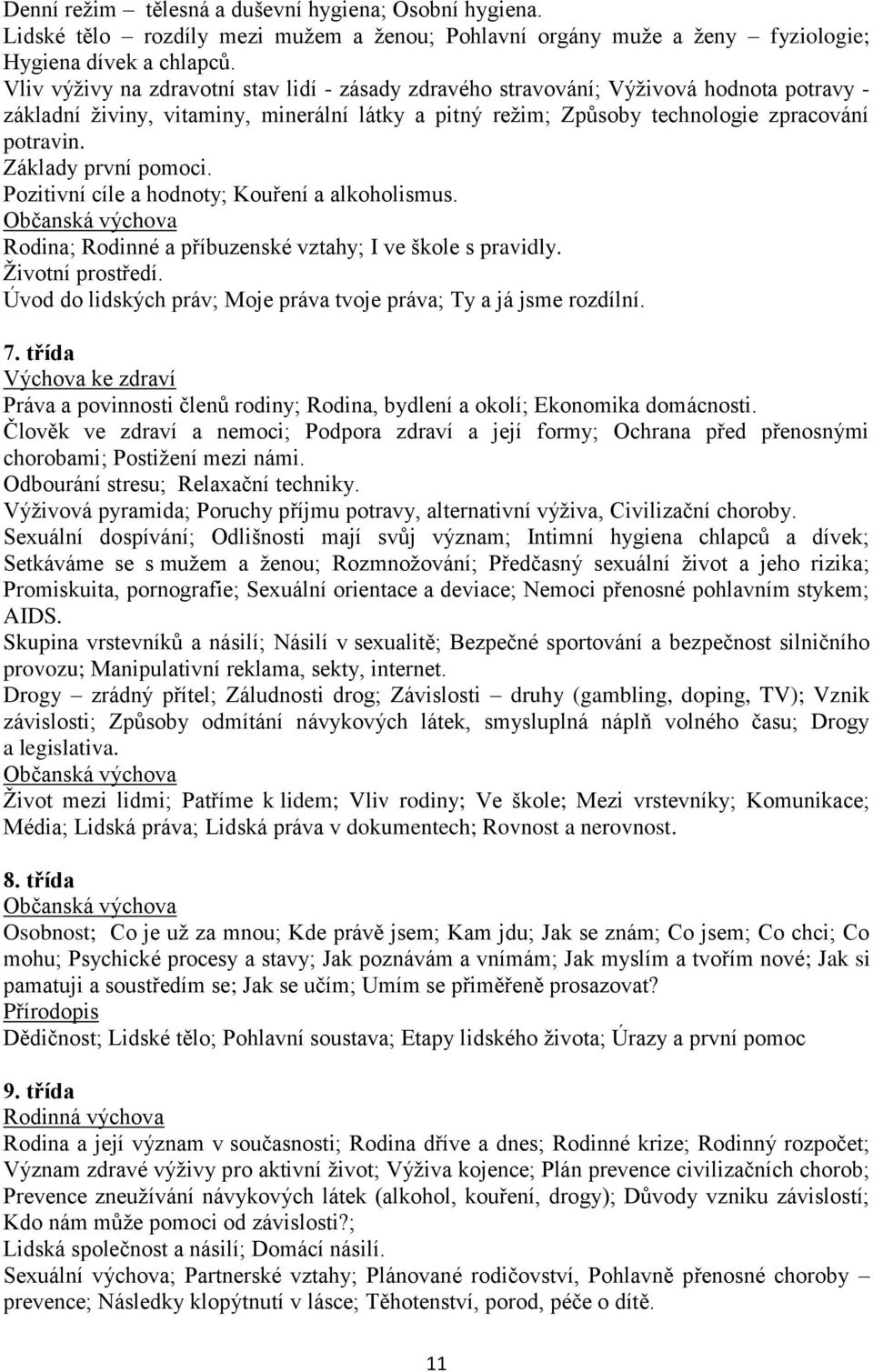 Základy první pomoci. Pozitivní cíle a hodnoty; Kouření a alkoholismus. Občanská výchova Rodina; Rodinné a příbuzenské vztahy; I ve škole s pravidly. Životní prostředí.