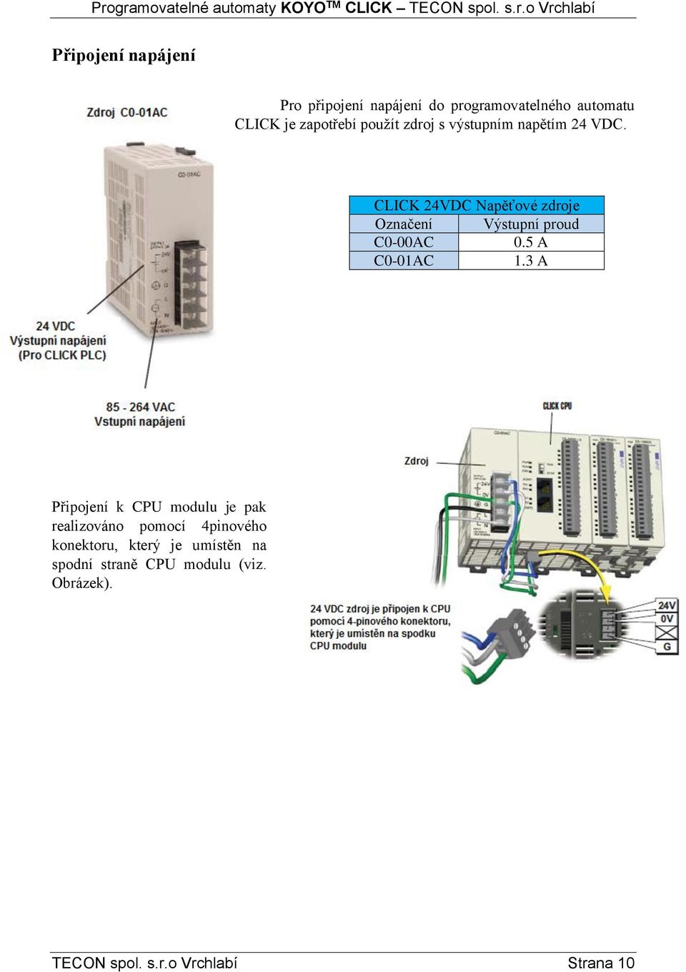 CLICK 24VDC Napěťové zdroje Označení Výstupní proud C0-00AC 0.5 A C0-01AC 1.