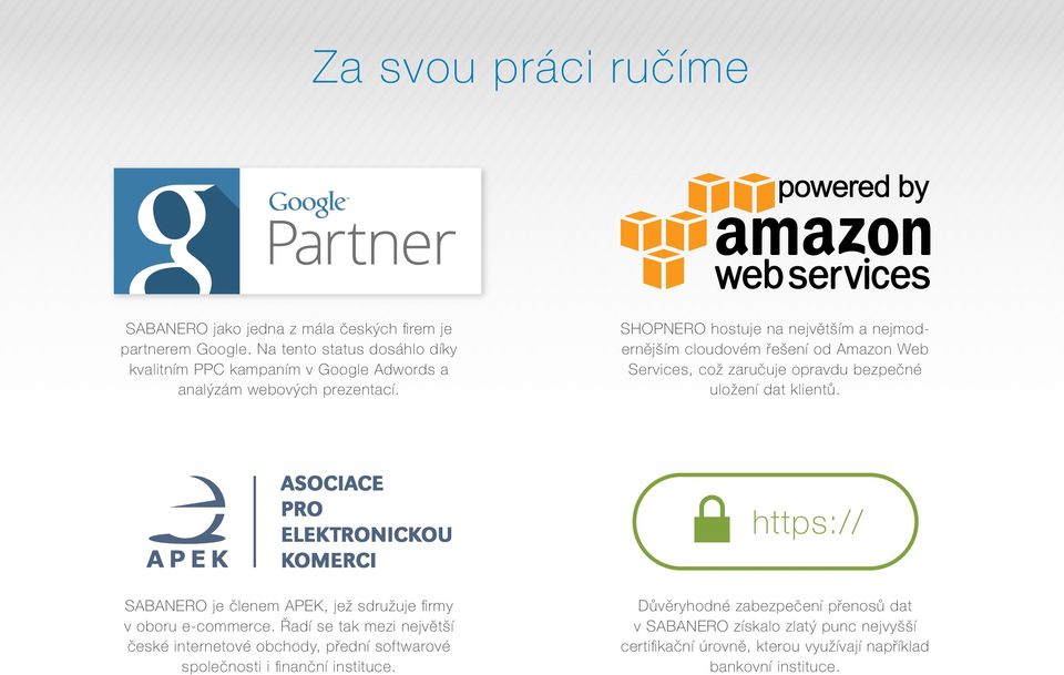 SHOPNERO hostuje na největším a nejmodernějším cloudovém řešení od Amazon Web Services, což zaručuje opravdu bezpečné uložení dat klientů.