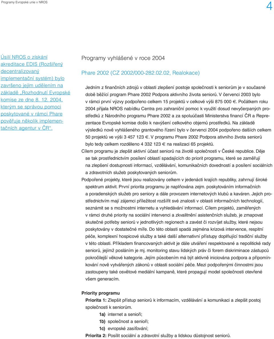 (CZ 2002/000-282.02.02, Realokace) Jedním z finančních zdrojů v oblasti zlepšení postoje společnosti k seniorům je v současné době běžící program Phare 2002 Podpora aktivního života seniorů.