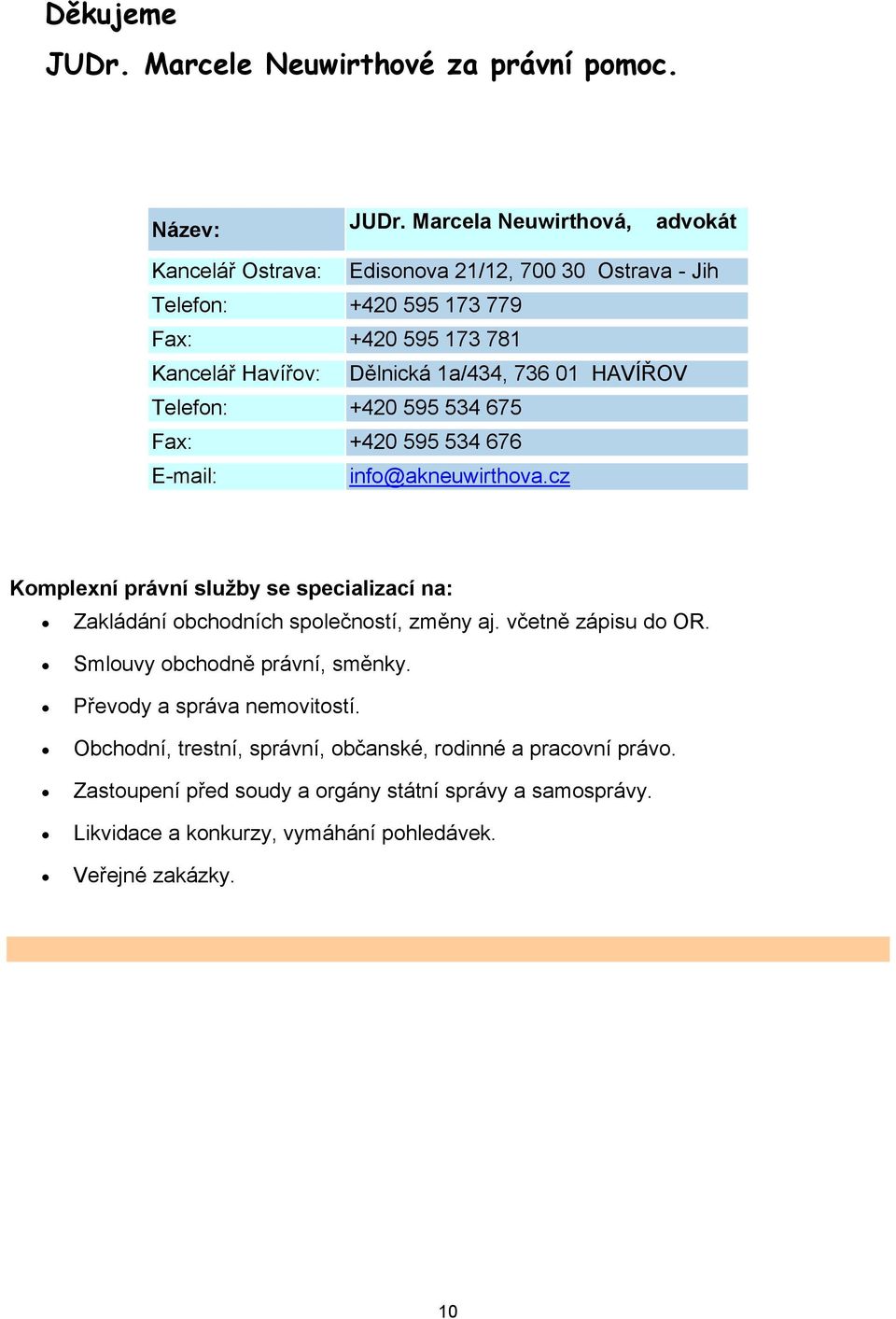 736 01 HAVÍŘOV Telefon: +420 595 534 675 Fax: +420 595 534 676 E-mail: info@akneuwirthova.