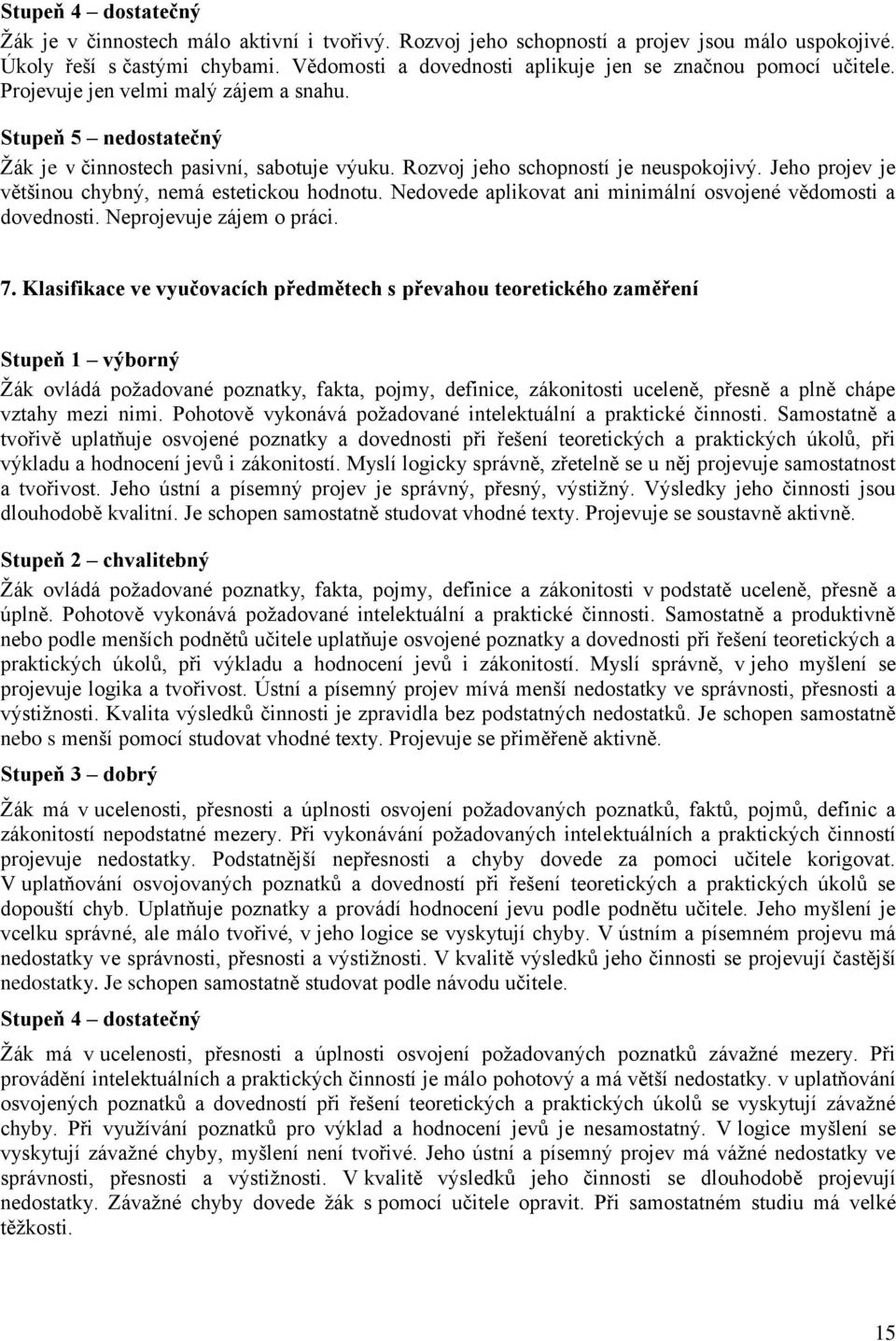 Rozvoj jeho schopností je neuspokojivý. Jeho projev je většinou chybný, nemá estetickou hodnotu. Nedovede aplikovat ani minimální osvojené vědomosti a dovednosti. Neprojevuje zájem o práci. 7.