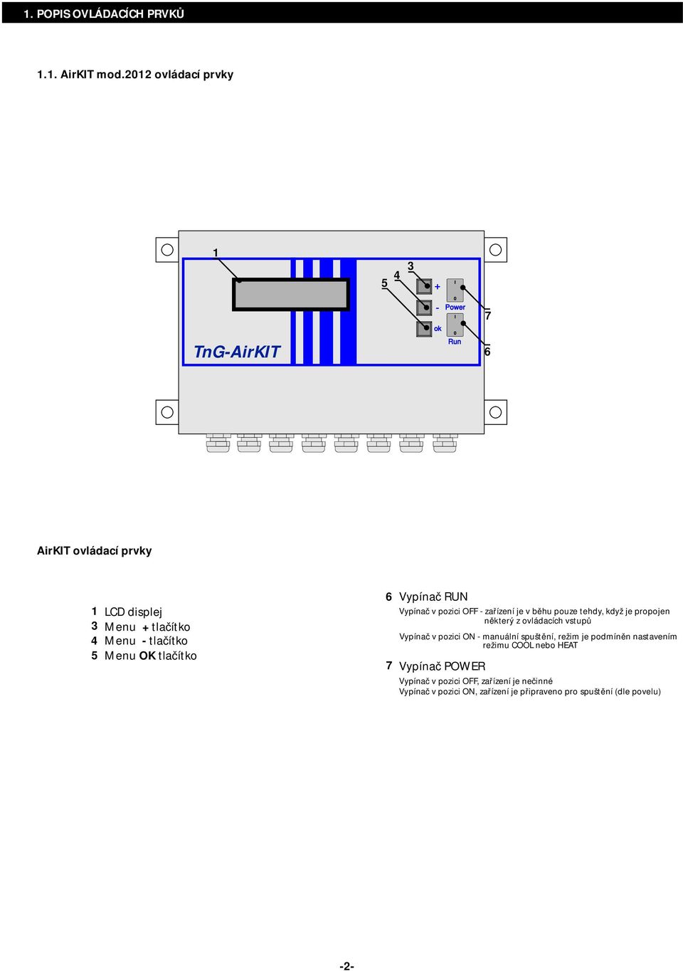 OK tlačítko 6 7 Vypínač RUN Vypínač v pozici OFF - zařízení je v běhu pouze tehdy, když je propojen některý z ovládacích vstupů Vypínač v