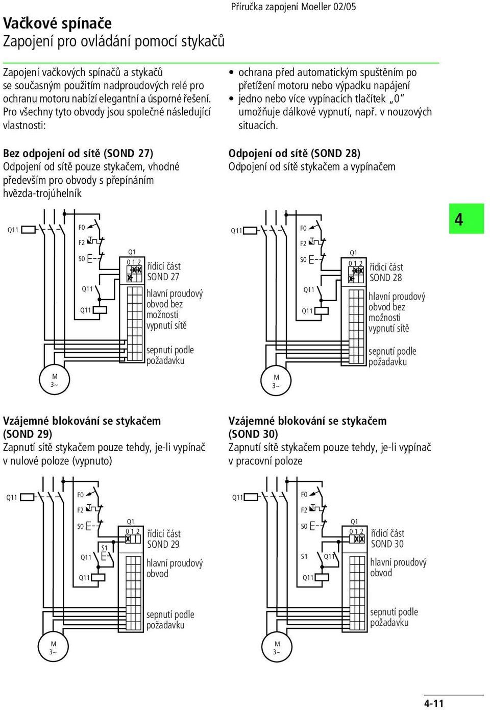 řídicí část SOND hlavní proudový obvod bez možnosti vypnutí sítě ochrana před automatickým spuštěním po přetížení motoru nebo výpadku napájení jedno nebo více vypínacích tlačítek umožňuje dálkové