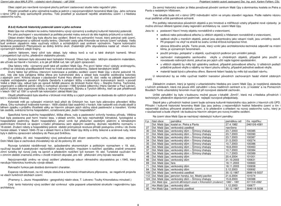 6) Kulturně historický potenciál území a jeho ochrana Malá Úpa má vzhledem ke svému historickému vývoji významný a svébytný kulturně historický potenciál.