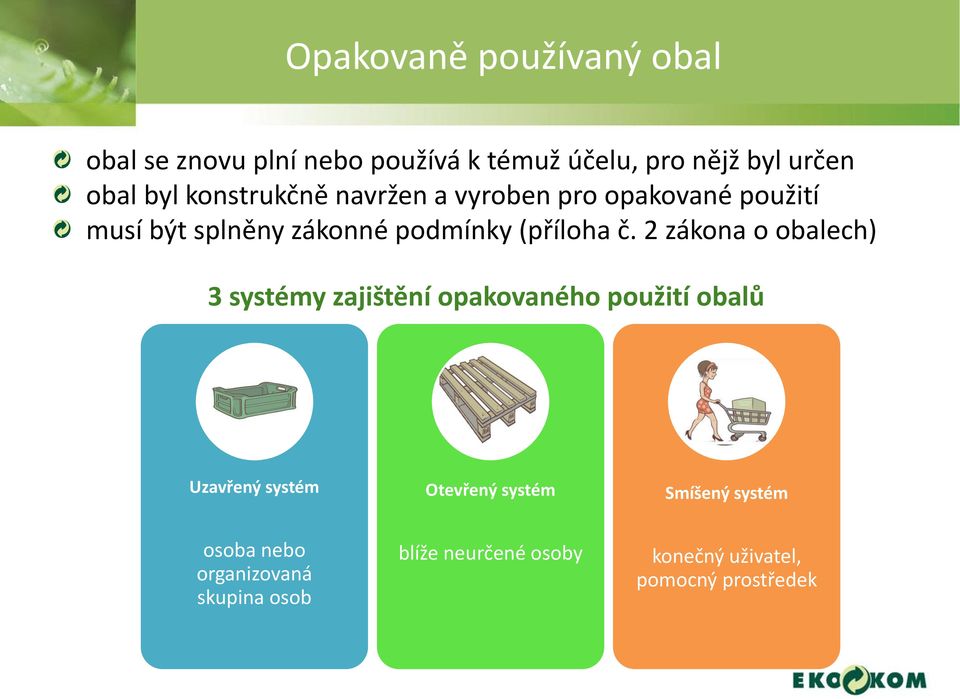 2 zákona o obalech) 3 systémy zajištění opakovaného použití obalů Uzavřený systém Otevřený systém