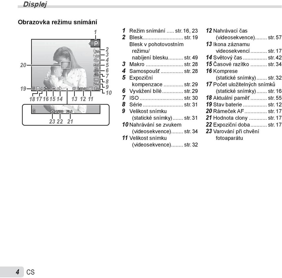 .. str. 31 9 Velikost snímku (statické snímky)... str. 31 10 Nahrávání se zvukem (videosekvence)... str. 34 11 Velikost snímku (videosekvence)... str. 32 12 Nahrávací čas (videosekvence)... str. 57 13 Ikona záznamu videosekvencí.