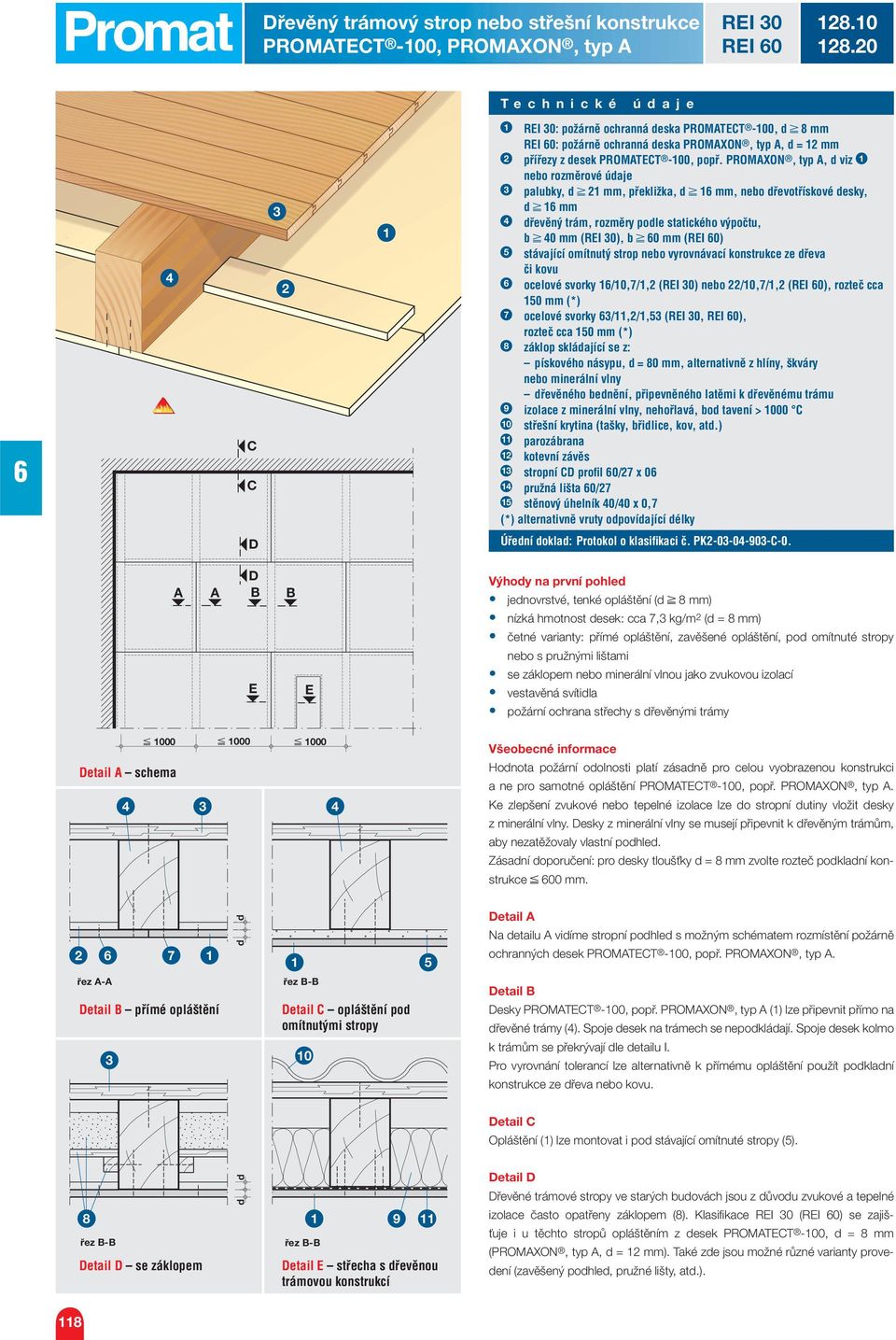 PROMAXON, typ A, viz nebo rozměrové úaje palubky, mm, překližka, mm, nebo řevotřískové esky, C C mm řevěný trám, rozměry pole statického výpočtu, b 0 mm (REI 0), b 0 mm (REI 0) stávající omítnutý