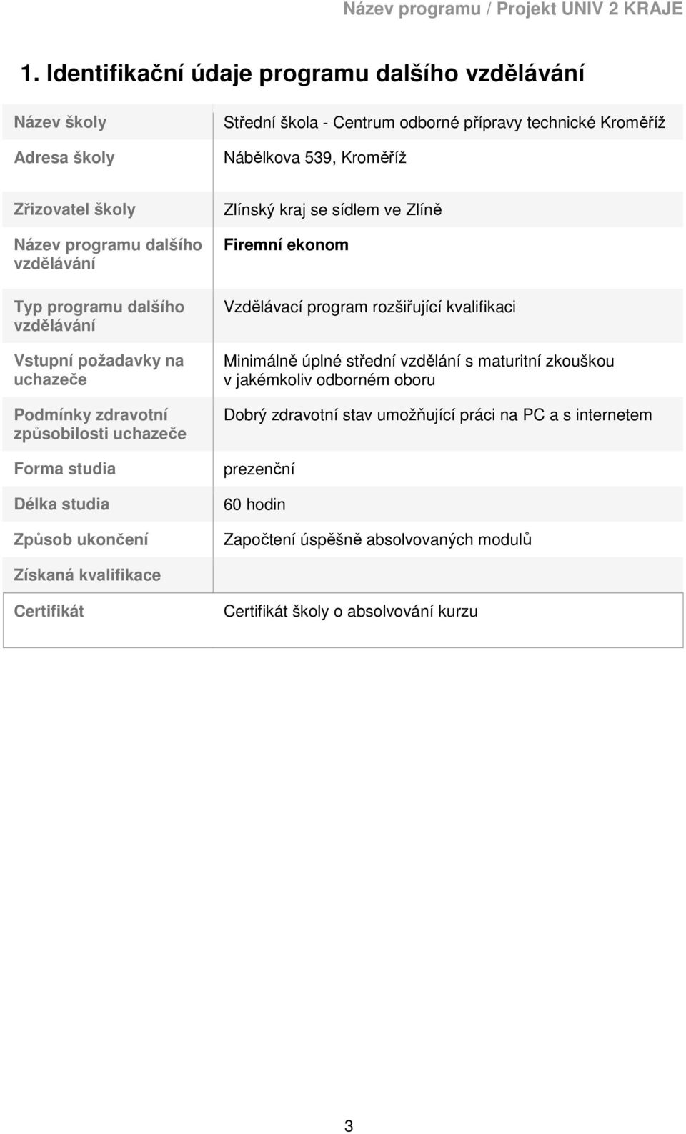 Zlínský kraj se sídlem ve Zlíně Firemní ekonom Vzdělávací program rozšiřující kvalifikaci Minimálně úplné střední vzdělání s maturitní zkouškou v jakémkoliv odborném oboru Dobrý