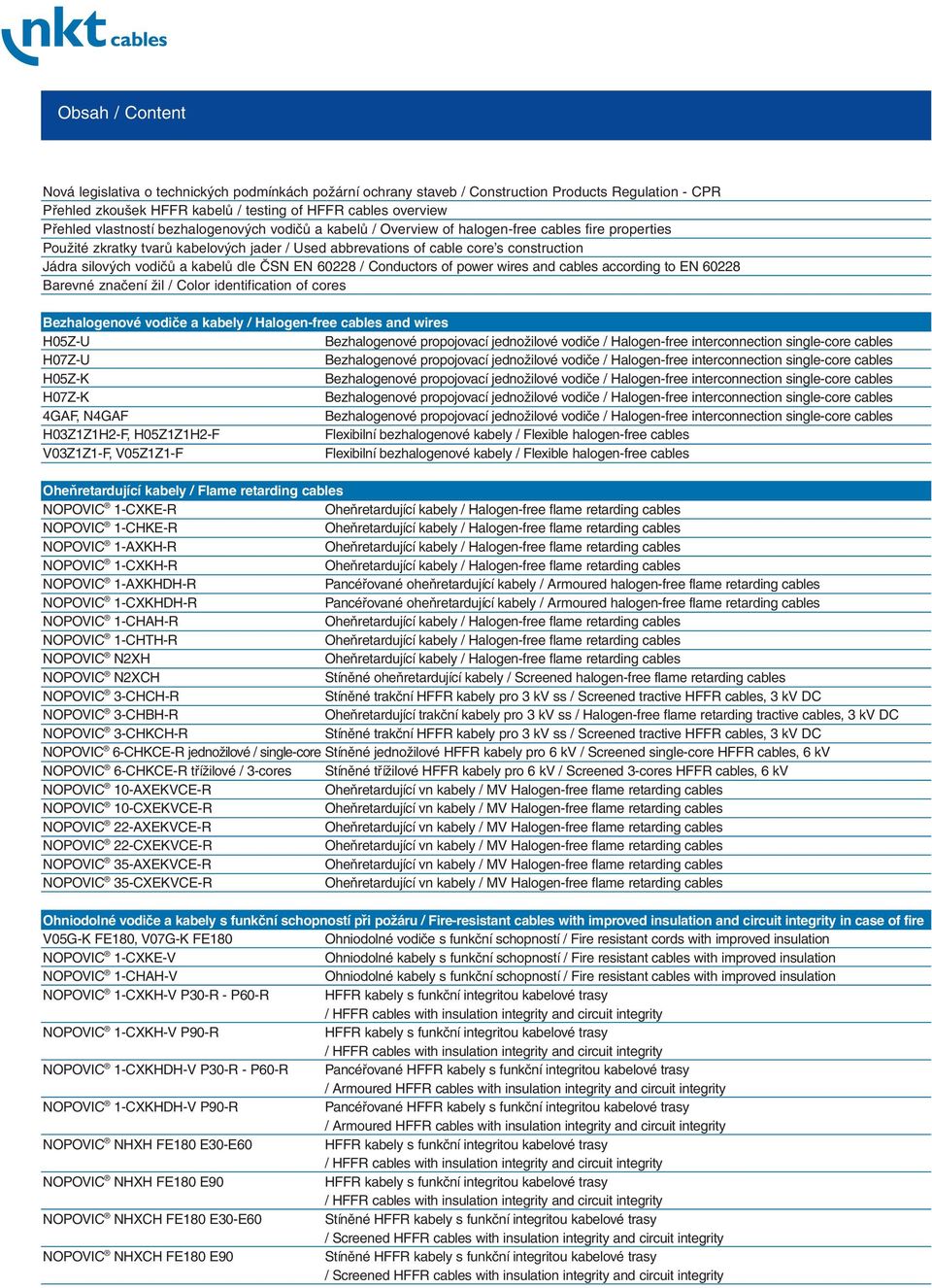 kabelů dle ČSN EN 60228 / Conductors of power wires and cables according to EN 60228 Barevné značení žil / Color identification of cores Bezhalogenové vodiče a kabely / Halogen-free cables and wires