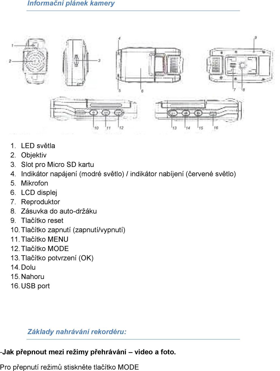 Zásuvka do auto-držáku 9. Tlačítko reset 10. Tlačítko zapnutí (zapnutí/vypnutí) 11. Tlačítko MENU 12. Tlačítko MODE 13.