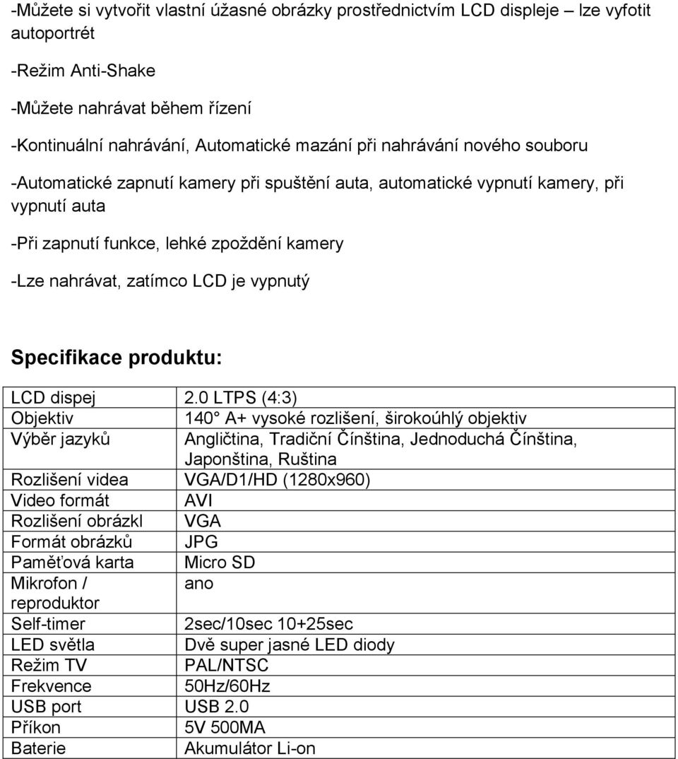 Specifikace produktu: LCD dispej 2.