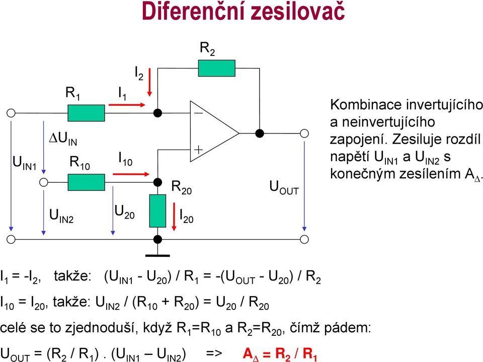 R 20 U U IN2 20 I 20 I 1 = -I 2, takže: (U IN1 -U 20 ) / R 1 = -( -U 20 ) / R 2 I 10 = I 20, takže: U