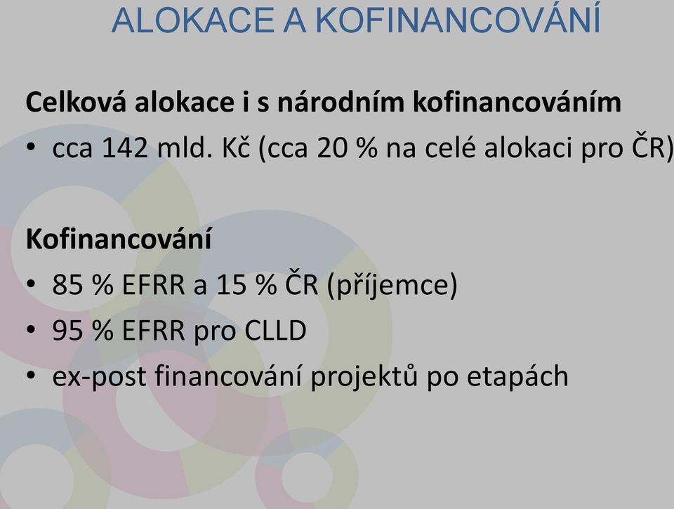Kč (cca 20 % na celé alokaci pro ČR) Kofinancování 85 %