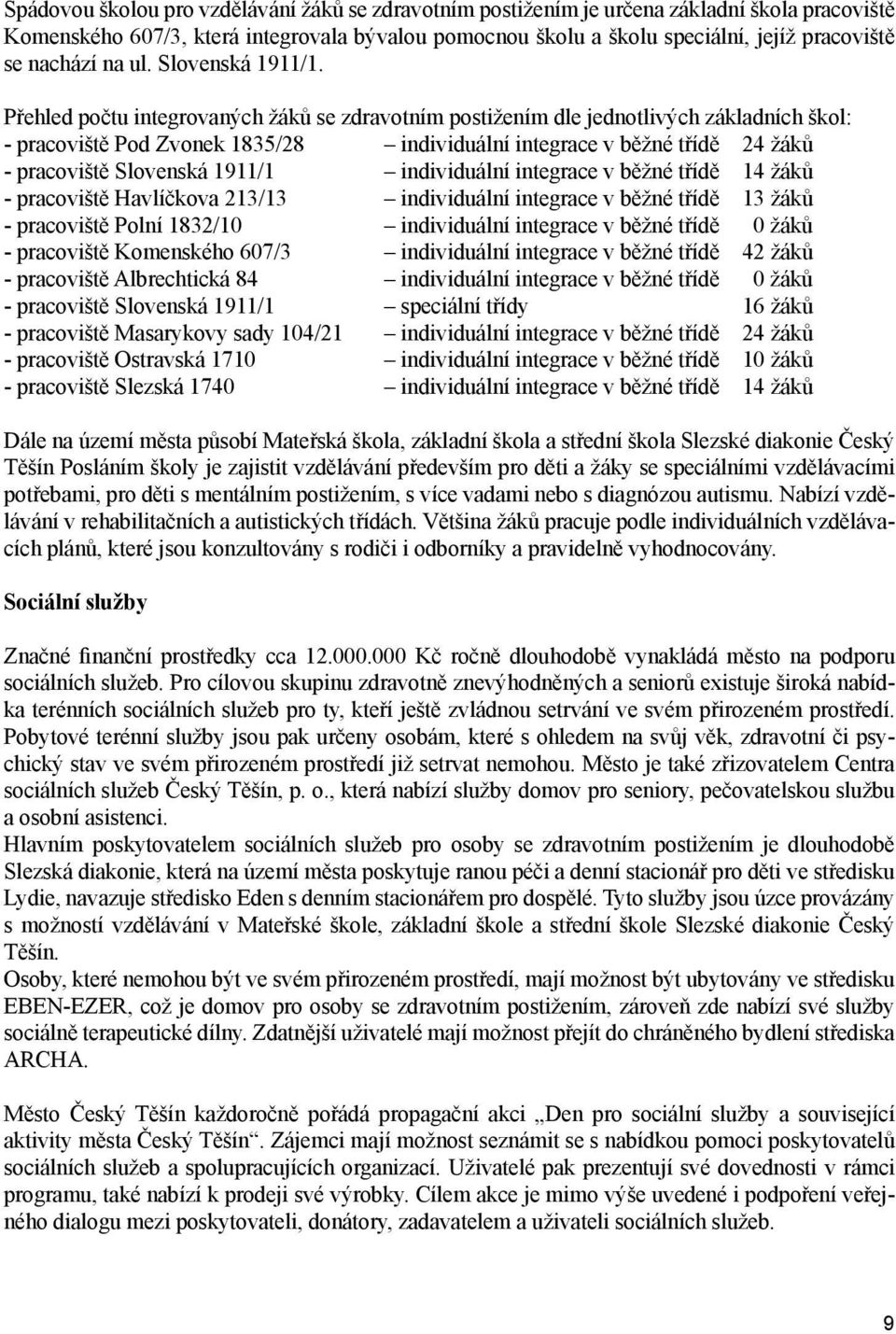 Přehled počtu integrovaných žáků se zdravotním postižením dle jednotlivých základních škol: - pracoviště Pod Zvonek 1835/28 individuální integrace v běžné třídě 24 žáků - pracoviště Slovenská 1911/1