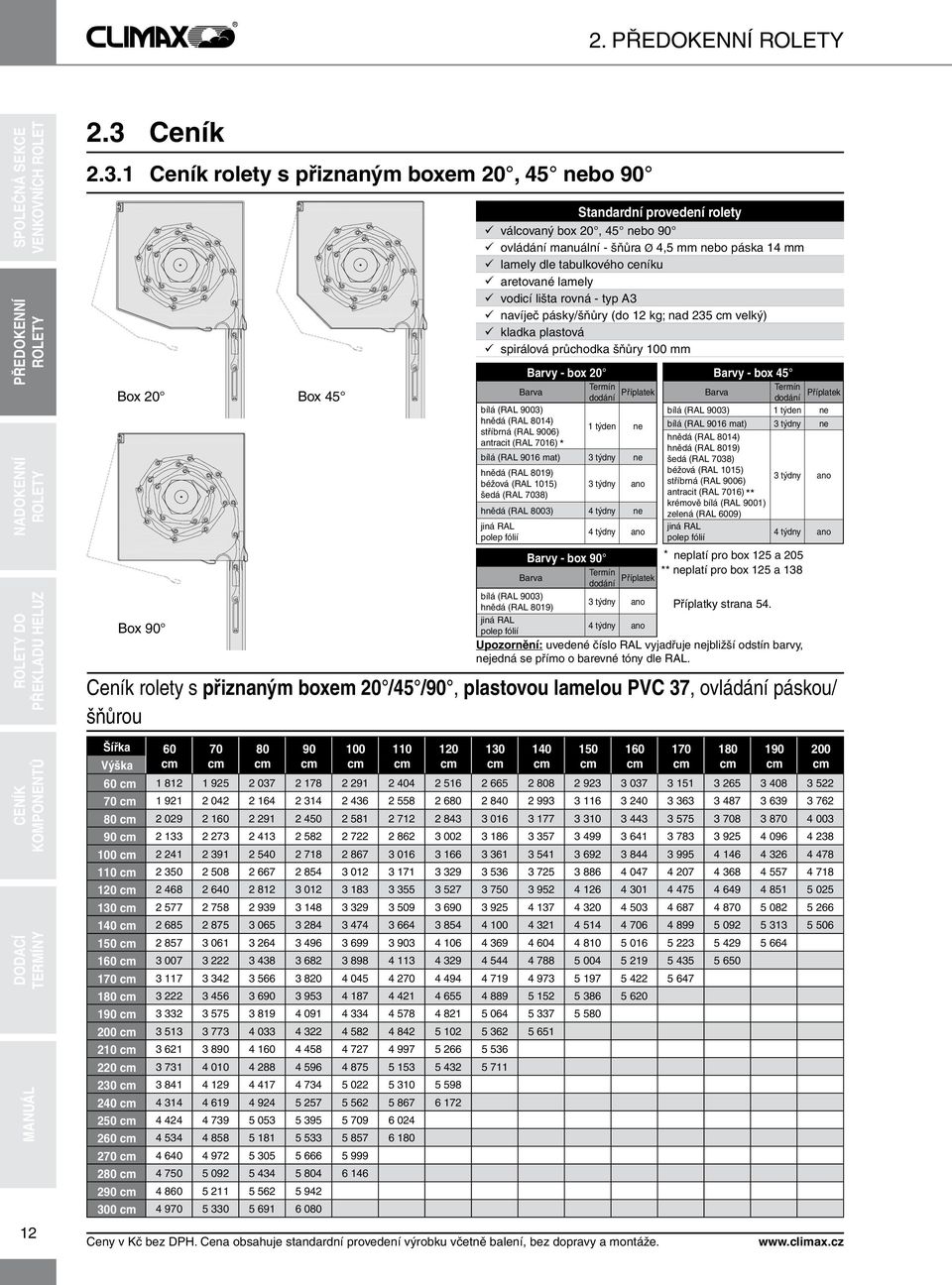 1 Ceník rolety s přiznaným boxem 20, 45 nebo Box 20 Box Box 45 Standardní provedení rolety válcovaný box 20, 45 nebo ovládání manuální - šňůra Ø 4,5 mm nebo páska 14 mm lamely dle tabulkového ceníku