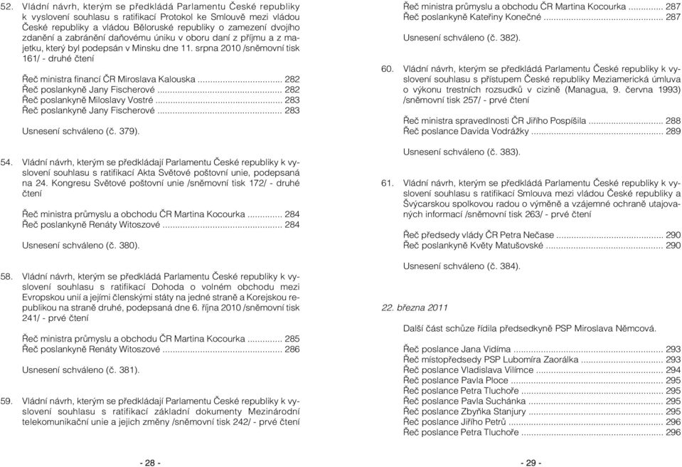 .. 282 Řeč poslankyně Jany Fischerové... 282 Řeč poslankyně Miloslavy Vostré... 283 Řeč poslankyně Jany Fischerové... 283 Usnesení schváleno (č. 379). 54.