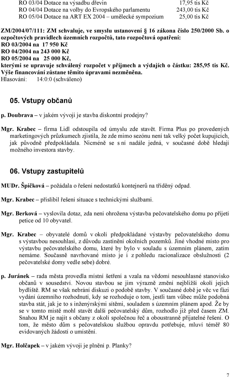 o ozpočtových pravidlech územních rozpočtů, tato rozpočtová opatření: RO 03/2004 na 17 950 Kč RO 04/2004 na 243 000 Kč RO 05/2004 na 25 000 Kč, kterými se upravuje schválený rozpočet v příjmech a