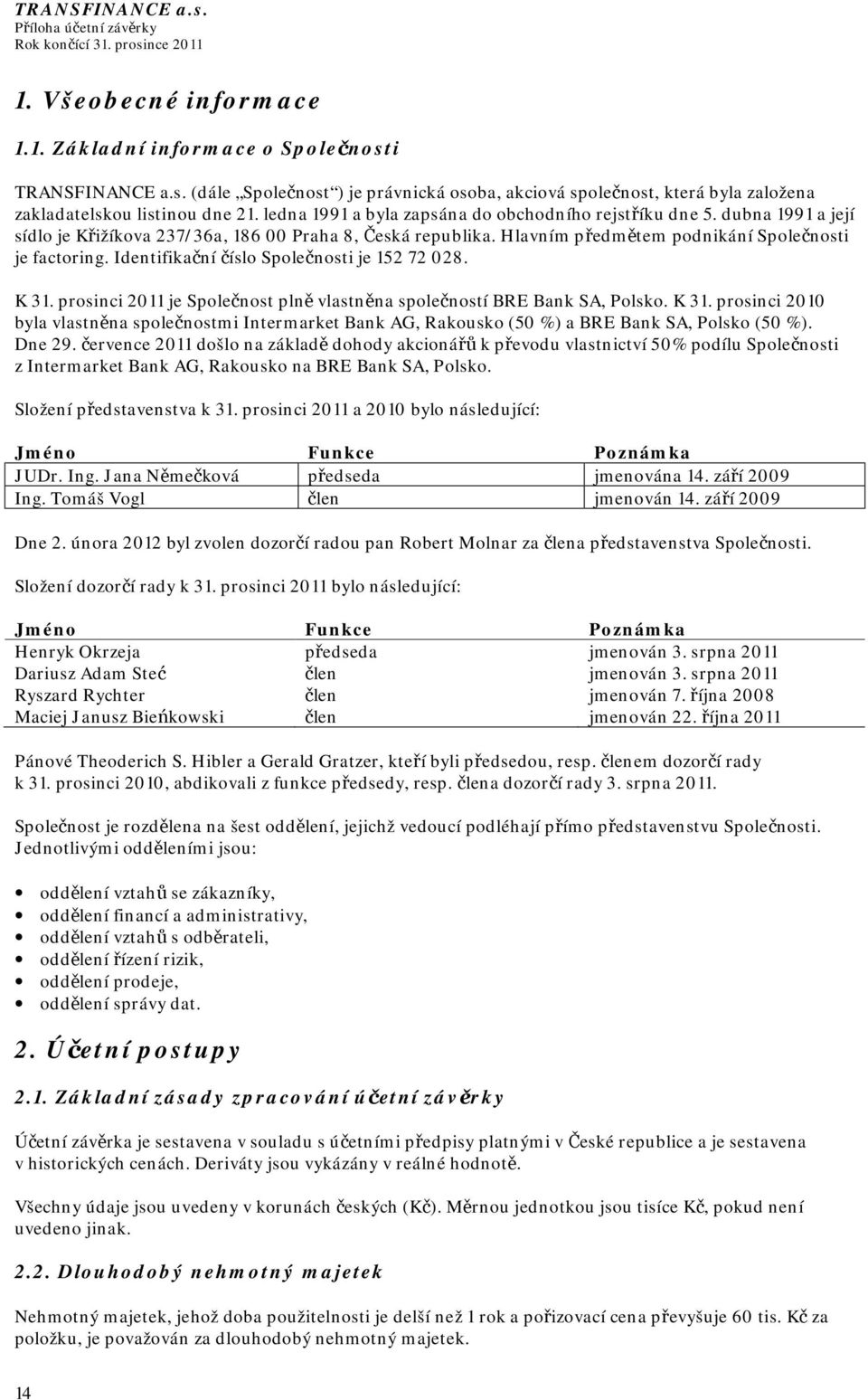 Identifikační číslo Společnosti je 152 72 028. K 31. prosinci 2011 je Společnost plně vlastněna společností BRE Bank SA, Polsko. K 31. prosinci 2010 byla vlastněna společnostmi Intermarket Bank AG, Rakousko (50 %) a BRE Bank SA, Polsko (50 %).