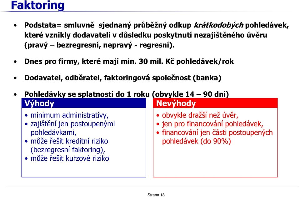 Kč pohledávek/rok Dodavatel, odběratel, faktoringová společnost (banka) Pohledávky se splatností do 1 roku (obvykle 14 90 dní) Výhody Nevýhody minimum