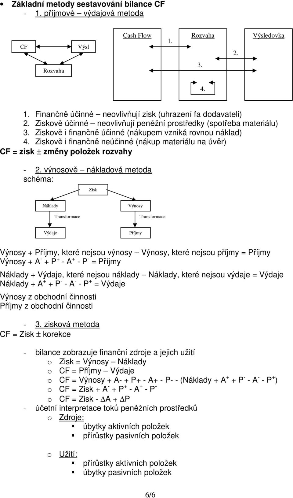 Ziskově i finančně neúčinné (nákup materiálu na úvěr) CF = zisk ± změny položek rozvahy - 2.