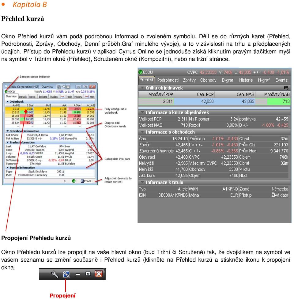 Přístup do Přehledu kurzů v aplikaci Cyrrus Online se jednoduše získá kliknutím pravým tlačítkem myši na symbol v Tržním okně (Přehled), Sdruženém okně (Kompozitní),