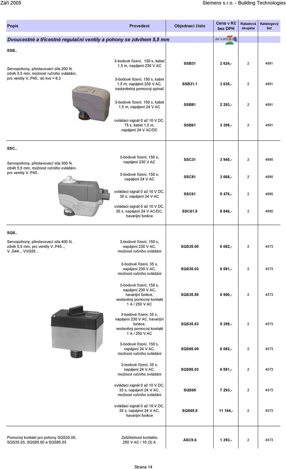 1 3 635,- 2 4891 3-bodové řízení, 150 s, kabel 1,5 m, napájení 24 V AC SSB81 2 293,- 2 4891 ovládací signál 0 až 10 V DC, 75 s, kabel 1,5 m, napájení 24 V AC/DC SSB61 3 399,- 2 4891 SSC.