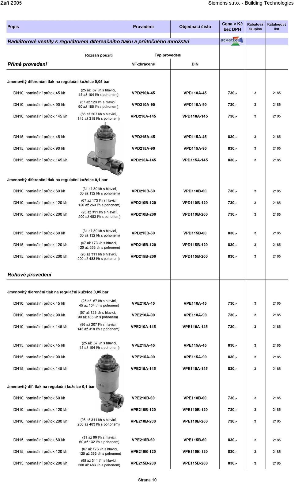 VPD210A-90 VPD110A-90 730,- 3 2185 DN10, nominální průtok 145 l/h (86 až 207 l/h s hlavicí, 145 až 318 l/h s pohonem) VPD210A-145 VPD110A-145 730,- 3 2185 DN15, nominální průtok 45 l/h VPD215A-45