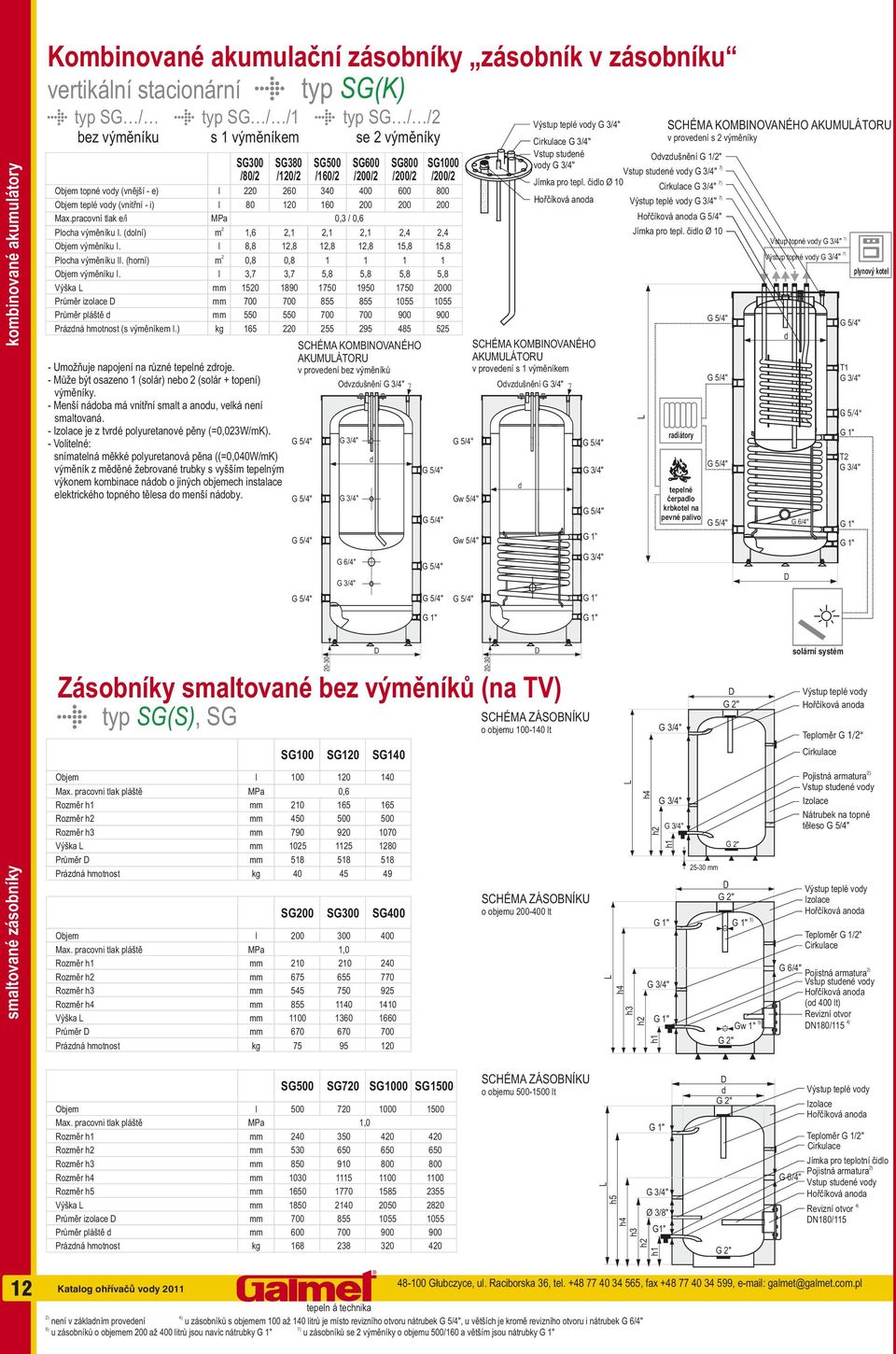) typ SG / /1 s 1 výměníkem - Umožňuje napojení na různé tepelné zdroje. - Může být osazeno 1 (solár) nebo (solár + topení) výměníky. - Menší nádoba má vnitřní smalt a anodu, velká není smaltovaná.