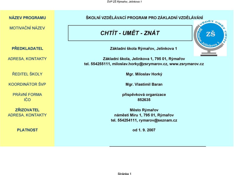 škola, Jelínkova 1, 795 01, Rýmařov tel. 554255111, miloslav.horky@zsrymarov.cz, www.zsrymarov.cz Mgr. Miloslav Horký Mgr.
