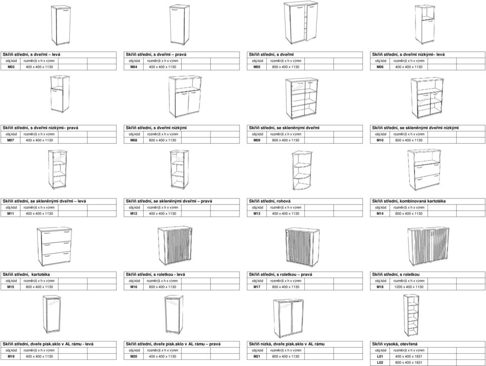 M09 800 x 400 x 1130 M10 800 x 400 x 1130 Skříň střední, se skleněnými dveřmi levá Skříň střední, se skleněnými dveřmi pravá Skříň střední, rohová Skříň střední, kombinovaná kartotéka M11 400 x 400 x