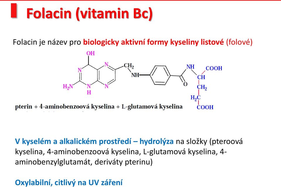 složky (pteroová kyselina, 4-aminobenzoová kyselina, L-glutamová