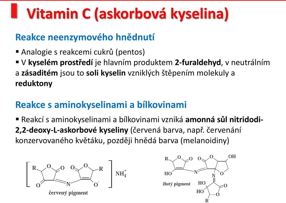 reduktony Reakce s aminokyselinami a bílkovinami Reakcí s aminokyselinami a bílkovinami vzniká amonná sůl