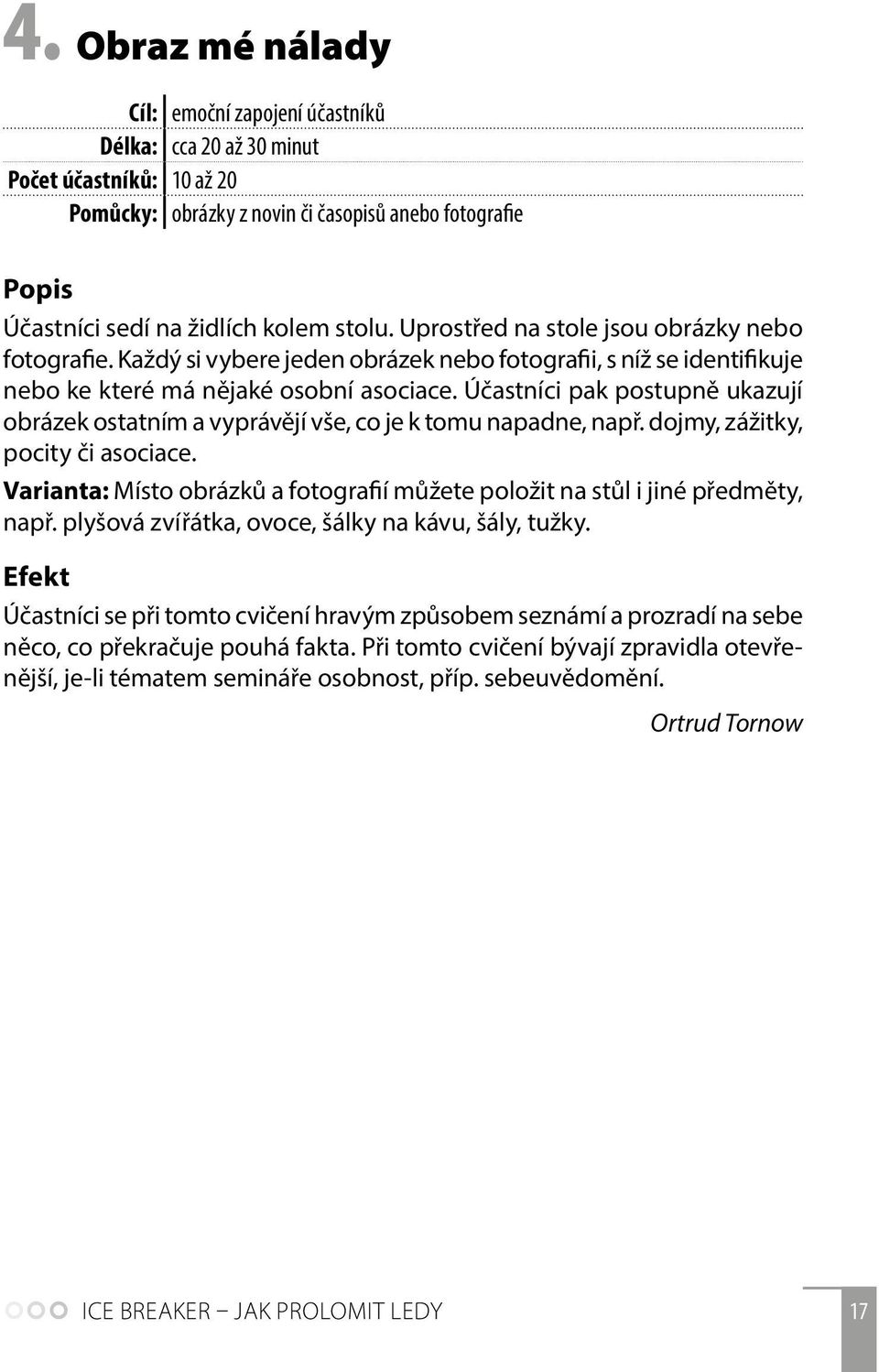 Účastníci pak postupně ukazují obrázek ostatním a vyprávějí vše, co je k tomu napadne, např. dojmy, zážitky, pocity či asociace.