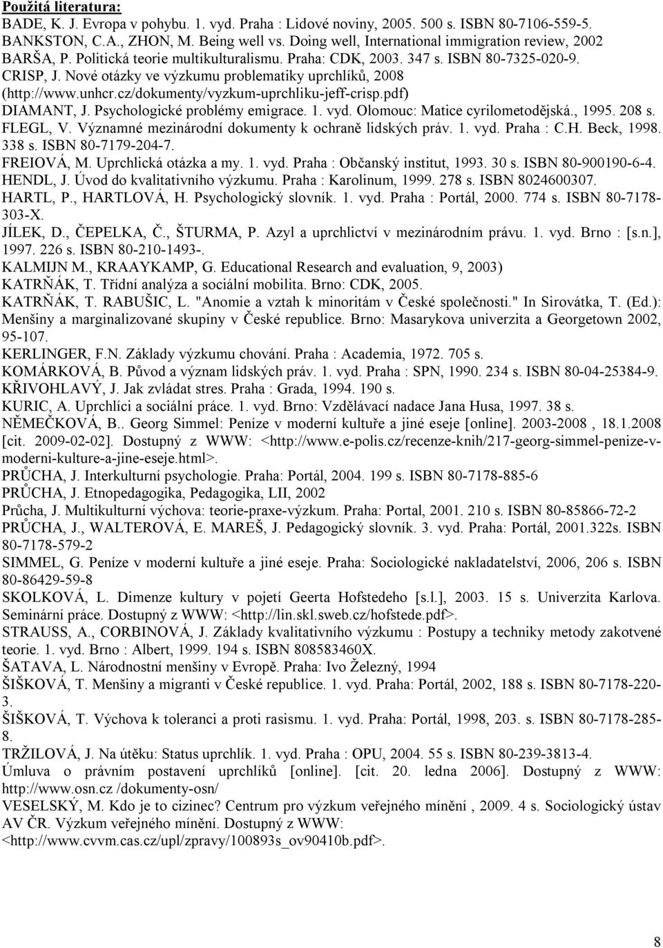 Nové otázky ve výzkumu problematiky uprchlíků, 2008 (http://www.unhcr.cz/dokumenty/vyzkum-uprchliku-jeff-crisp.pdf) DIAMANT, J. Psychologické problémy emigrace. 1. vyd.