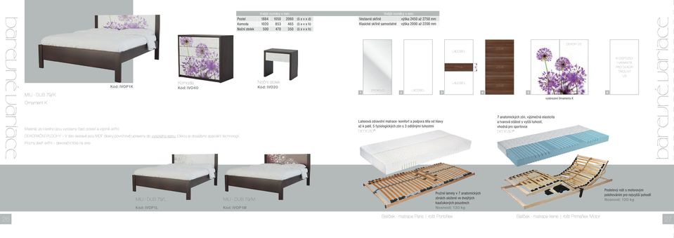 Plochy dveří skříní dekorační fólie na skle Vnější rozměry v mm: Postel 1884 1050 2060 (š x v x d) Komoda 1020 853 465 (š x v x h) Noční stolek 500 470 350 (š x v x h) Noční stolek Kód: IVO20 Vnější