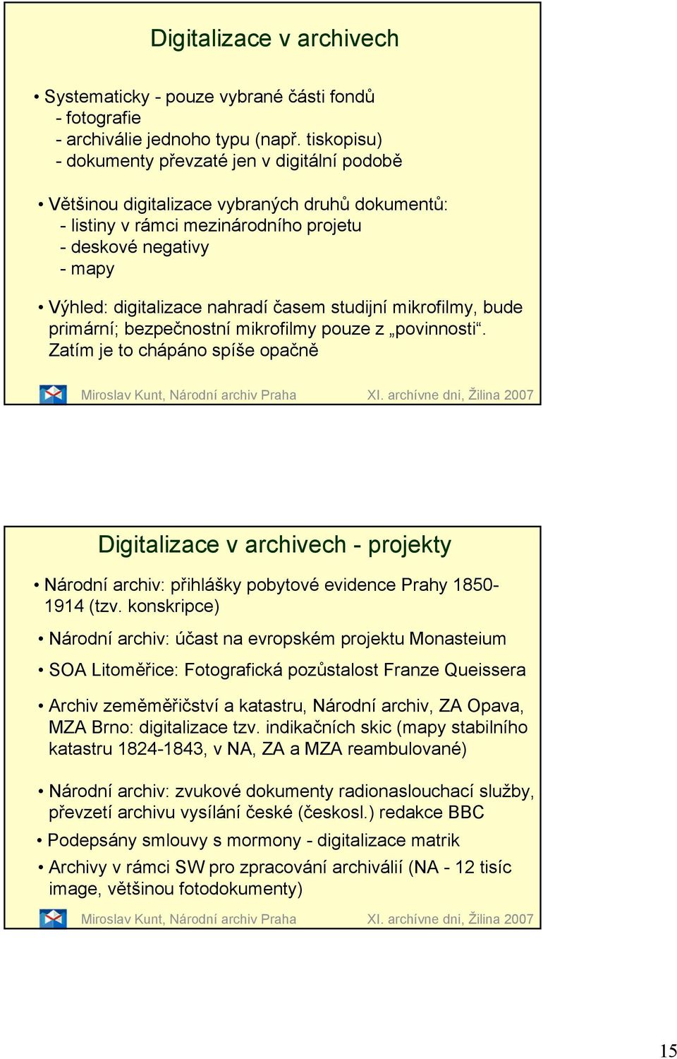 časem studijní mikrofilmy, bude primární; bezpečnostní mikrofilmy pouze z povinnosti. Zatím je to chápáno spíše opačně Miroslav Kunt, Národní archiv Praha XI.