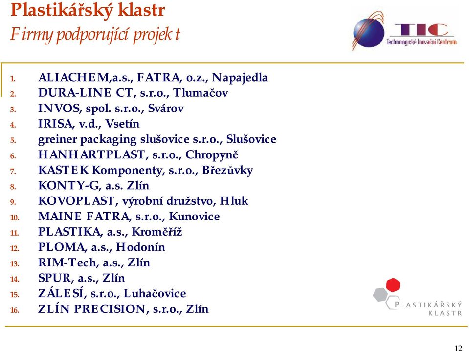 KONTY-G, a.s. Zlín 9. KOVOPLAST, výrobní družstvo, Hluk 10. MAINE FATRA, s.r.o., Kunovice 11. PLASTIKA, a.s., Kroměříž 12. PLOMA, a.s., Hodonín 13.