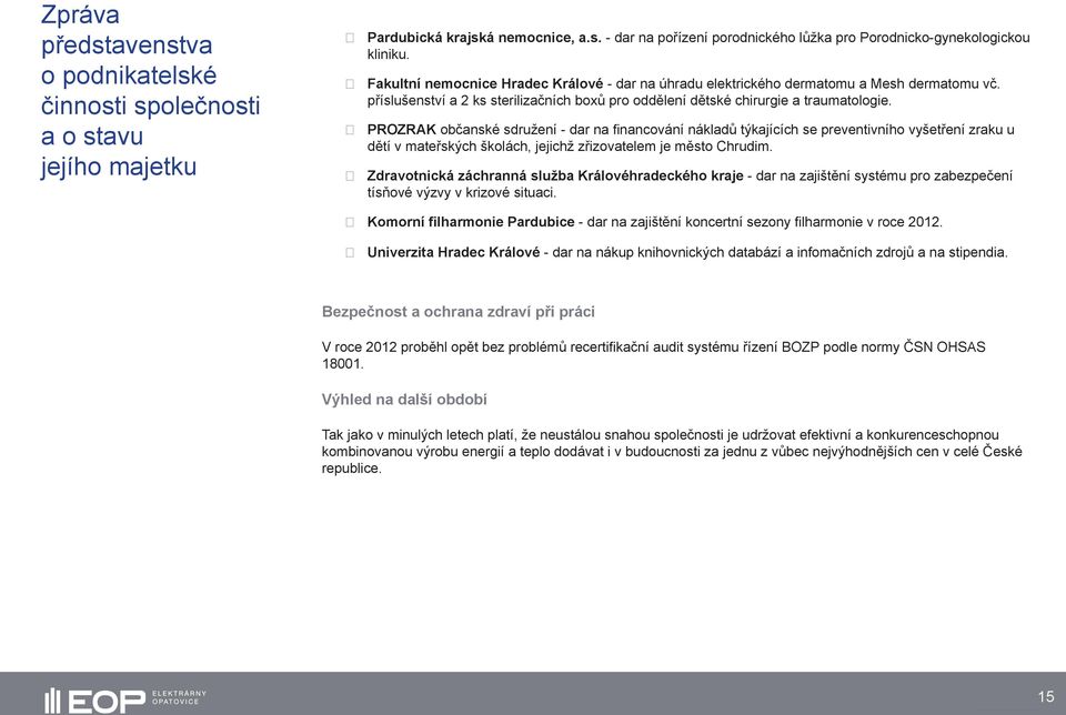 PROZRAK občanské sdružení - dar na financování nákladů týkajících se preventivního vyšetření zraku u dětí v mateřských školách, jejichž zřizovatelem je město Chrudim.