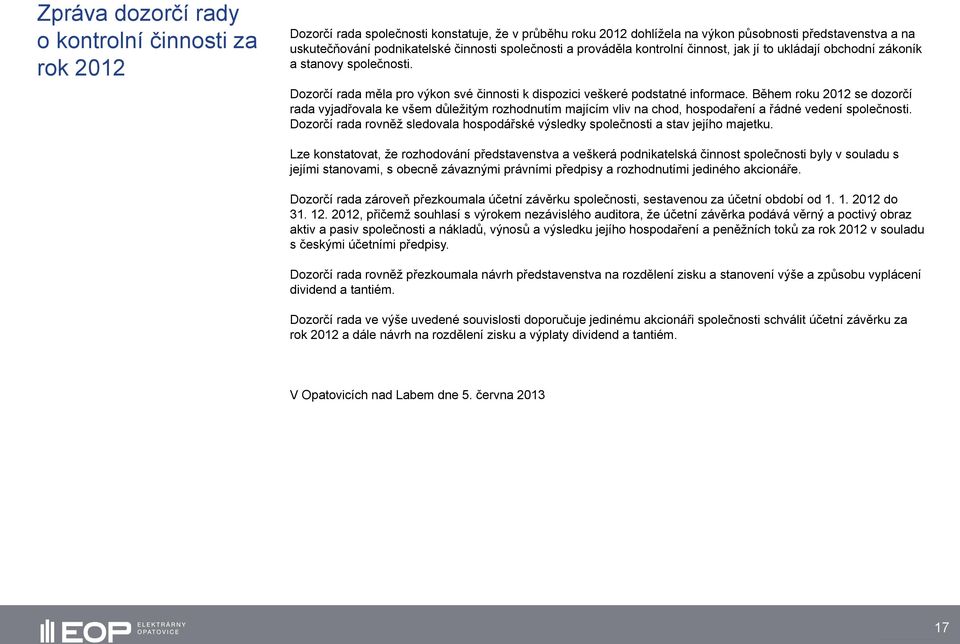 Během roku 2012 se dozorčí rada vyjadřovala ke všem důležitým rozhodnutím majícím vliv na chod, hospodaření a řádné vedení společnosti.