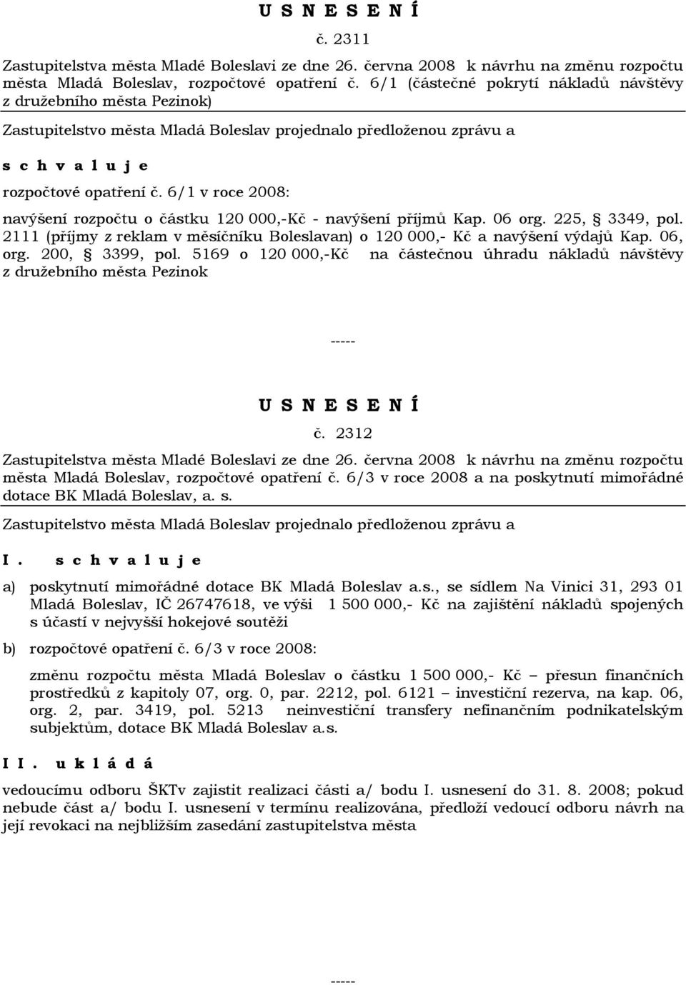 200, 3399, pol. 5169 o 120 000,-Kč na částečnou úhradu nákladů návštěvy z družebního města Pezinok č. 2312 města Mladá Boleslav, rozpočtové opatření č.